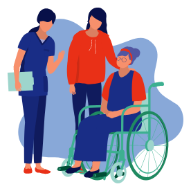 Illustration d’une femme en fauteuil roulant discutant avec son accompagnante et son médecin